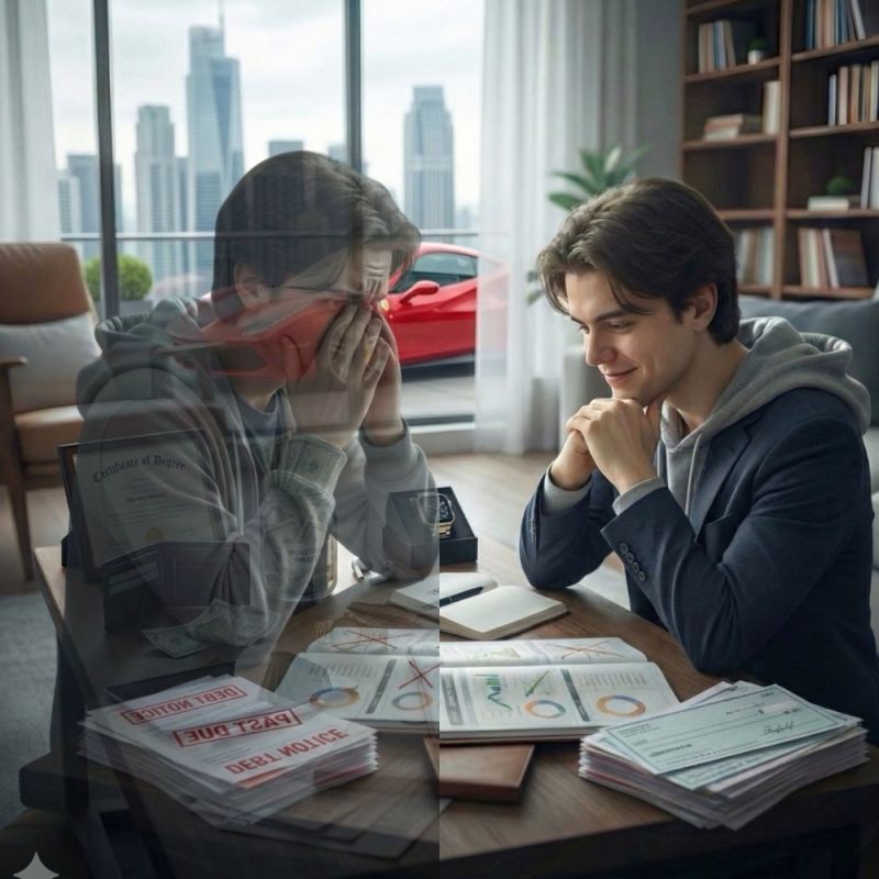 Split illustration contrasting a stressed person surrounded by debt notices and unpaid bills on one side with a calm, organized person reviewing savings charts and cheques on the other.