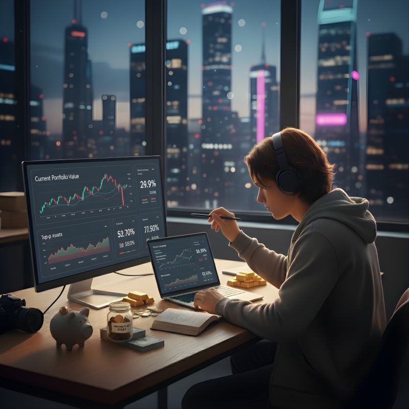 Illustration of a person with headphones writing at a desk at night, with dual monitors showing portfolio value charts and percentage gains, a piggy bank, and a coin jar.
